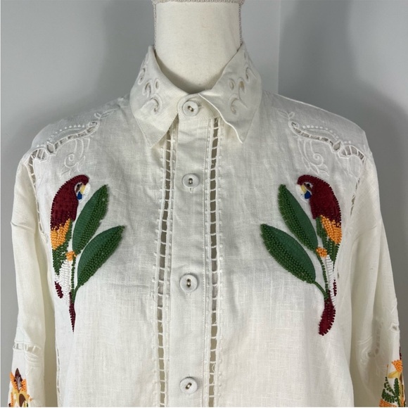 Farm Rio Tropical Destination Embroidered Beaded Linen Shirt - Picture 6 of 14
